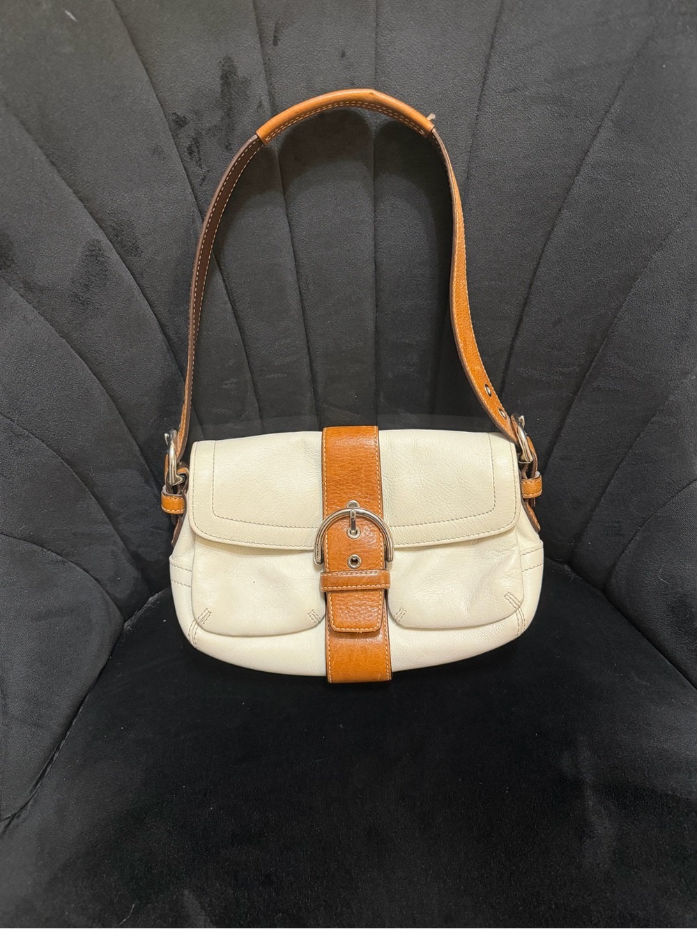 Coach Cream and Tan Leather Shoulder Bag with Buckle Accent